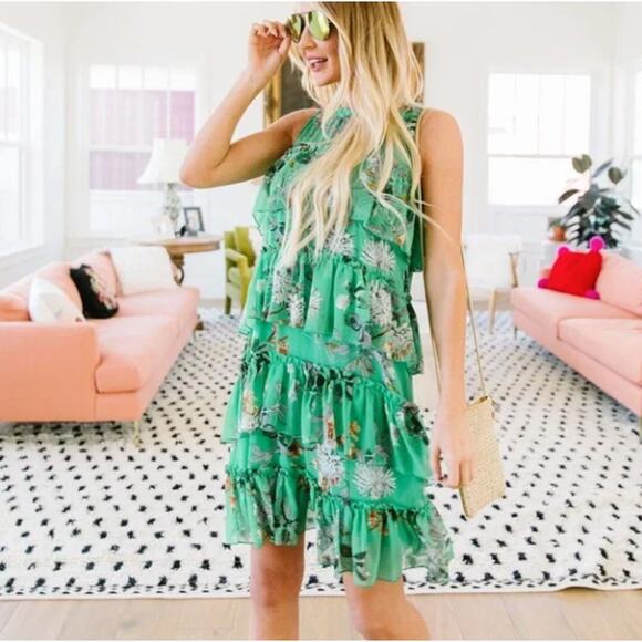 MAXSPORT Tiered Chiffon Mini Dress Exotic Green Floral Sz XL NWT $268 {3K14} - Picture 1 of 3